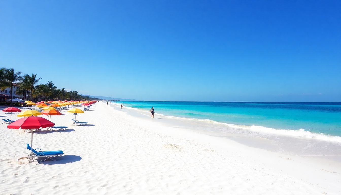 A tranquil view of Bavaro Beach in Punta Cana with colorful umbrellas and turquoise waters. A tranquil view of Bavaro Beach in Punta Cana with colorful umbrellas and turquoise waters.