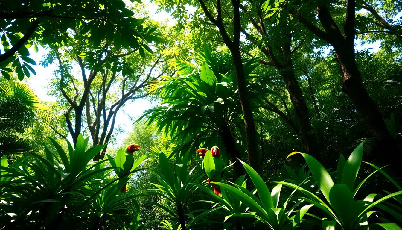 A vibrant tropical forest in Costa Rica with colorful exotic birds. A vibrant tropical forest in Costa Rica with colorful exotic birds.