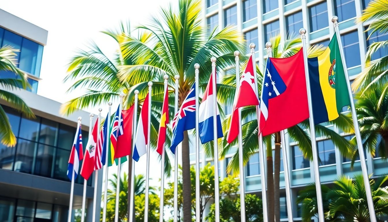 A row of international flags in front of a modern office building. A row of international flags in front of a modern office building.