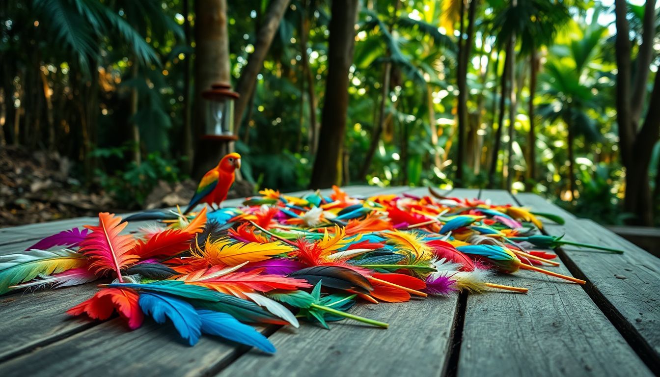 A collection of colorful feathers on weathered wooden planks in a forest. A collection of colorful feathers on weathered wooden planks in a forest.