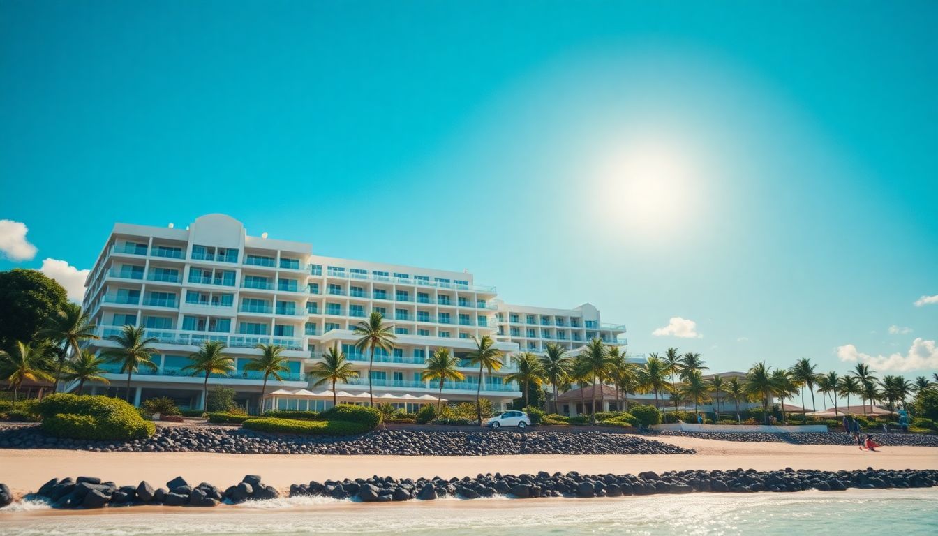 A luxurious beachfront hotel in the Dominican Republic with sustainable energy installations. A luxurious beachfront hotel in the Dominican Republic with sustainable energy installations.