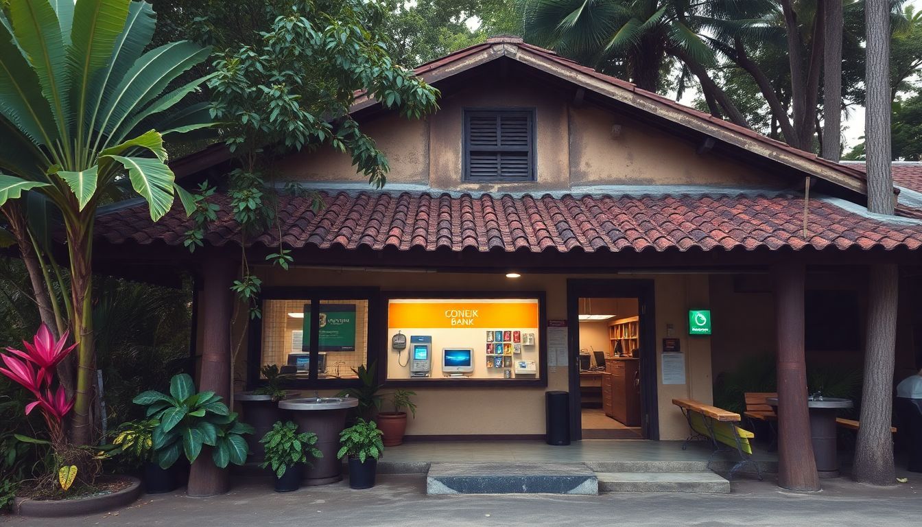 A rustic bank branch in the Dominican Republic surrounded by tropical plants. A rustic bank branch in the Dominican Republic surrounded by tropical plants.