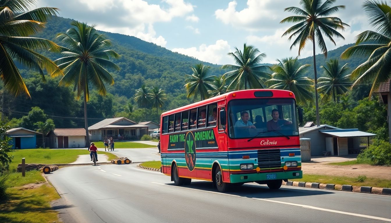 A public bus travels through the lush countryside of the Dominican Republic. A public bus travels through the lush countryside of the Dominican Republic.