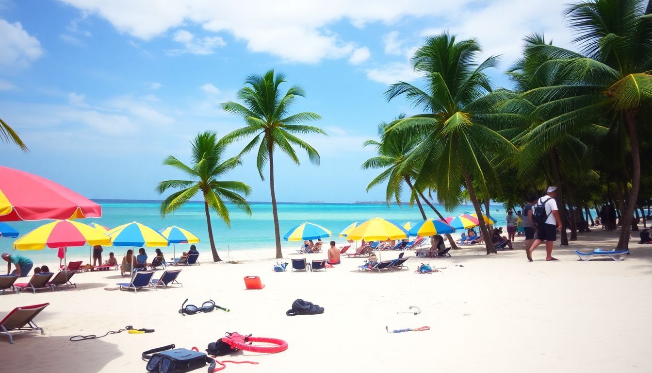 A lively beach scene in the Dominican Republic with turquoise waters and palm trees. A lively beach scene in the Dominican Republic with turquoise waters and palm trees.