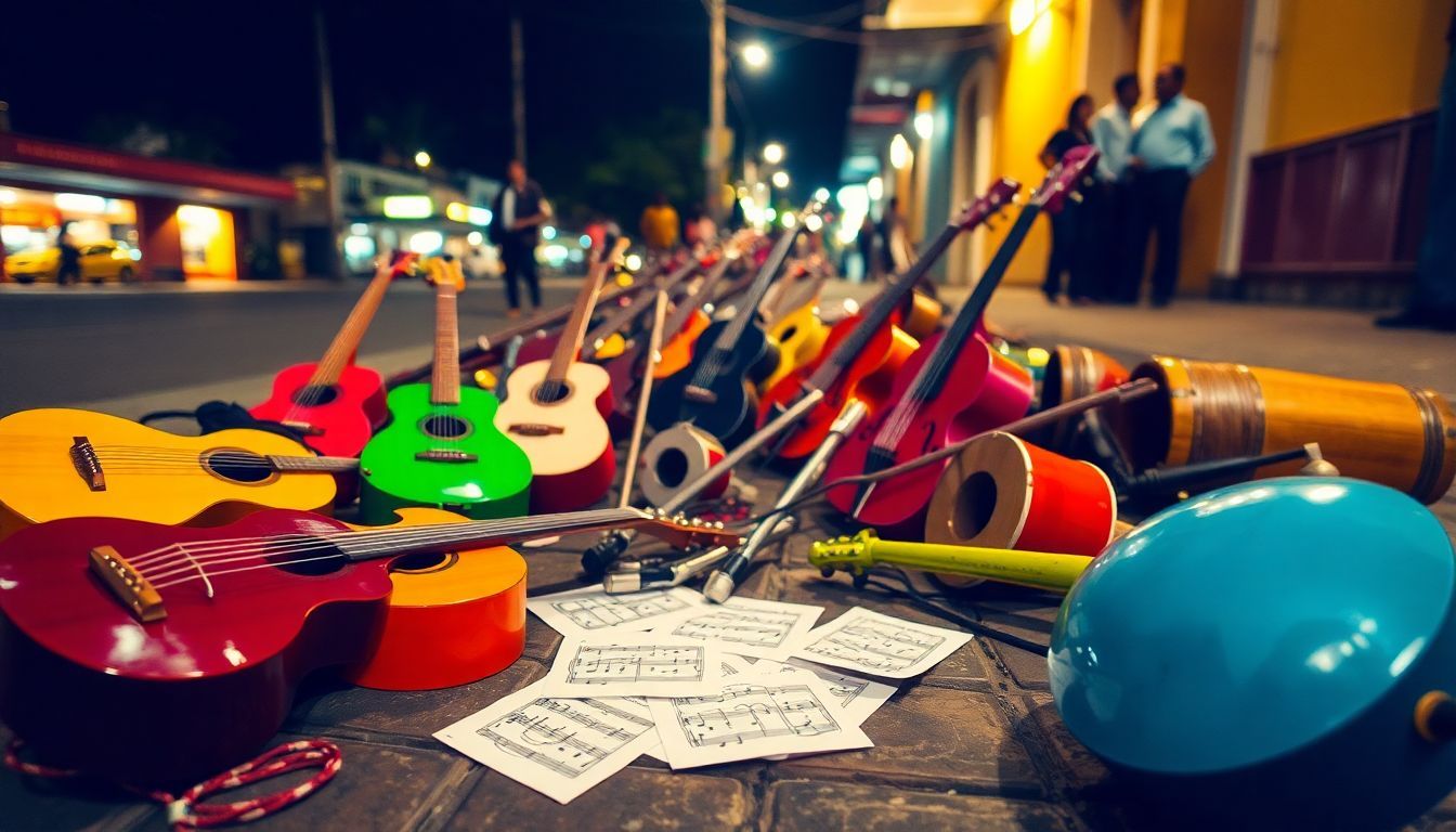 A vibrant collection of traditional musical instruments in Santo Domingo. A vibrant collection of traditional musical instruments in Santo Domingo.